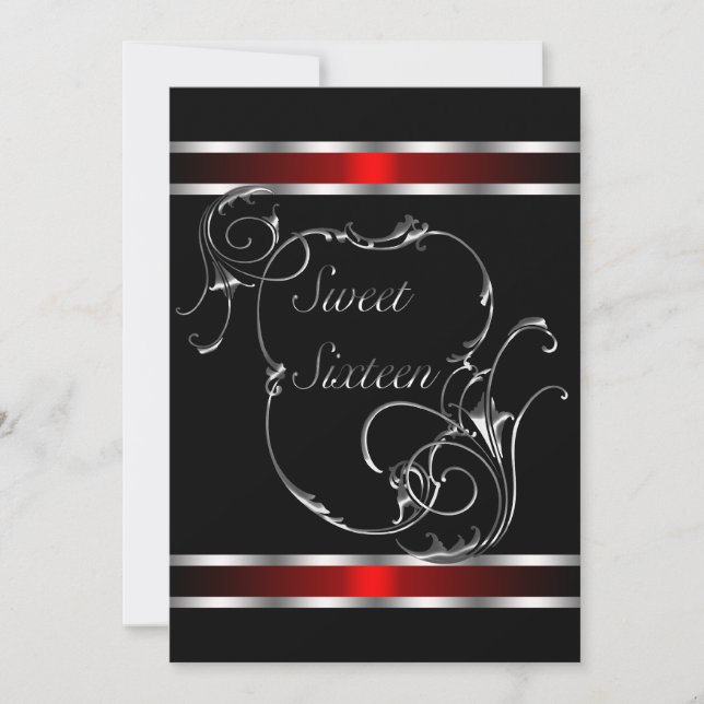 Red Black Silver Swirl Elegant Sweet Sixteen Invitation (Front)