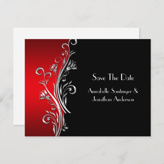 Red Black Silver Swirls Wedding RSVP Invitation (Front/Back)