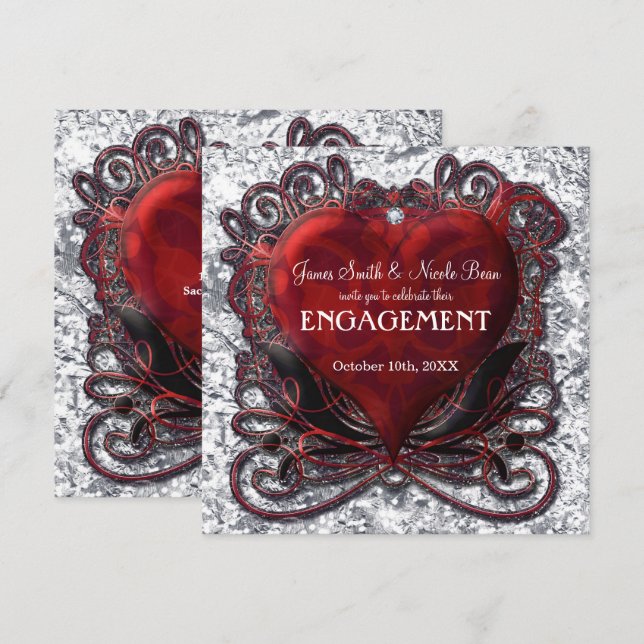 Red Black Silver Valentine Heart Gothic Romance Invitation (Front/Back)