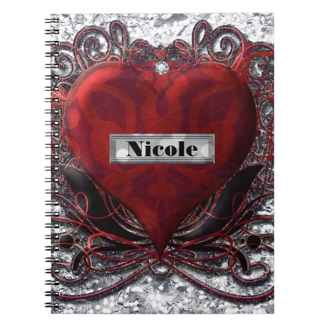Red Black Silver Valentine Heart Gothic Romance Spiral Notebook (Front)