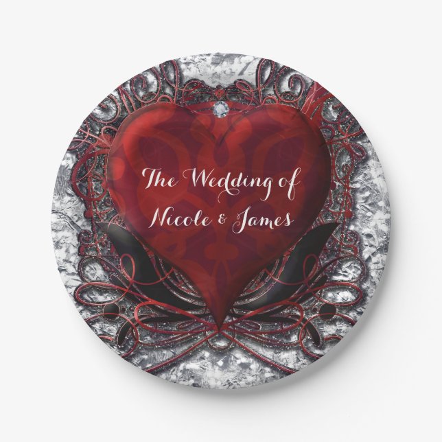 Red Black Silver Valentine Heart Party Paper Plate (Front)