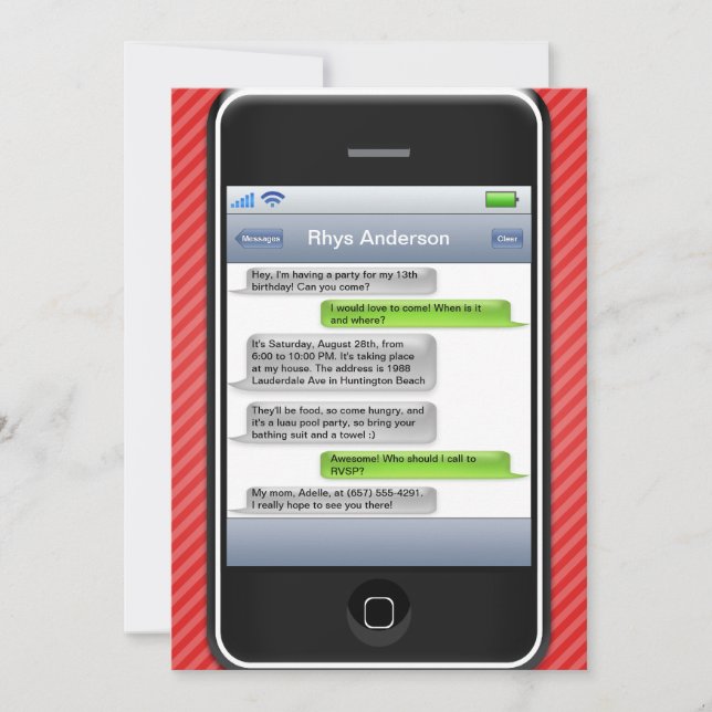 Red/Black Smart Phone iParty Birthday Party Invitation (Front)