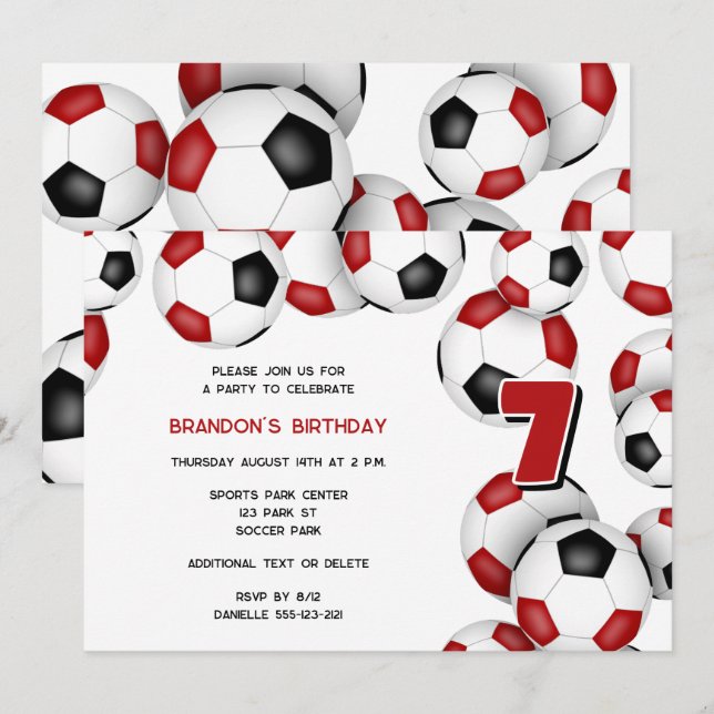 red black soccer balls kids birthday party invitation (Front/Back)