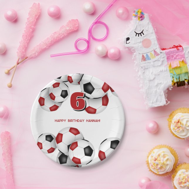 red black soccer balls kids birthday party paper plate (Party)