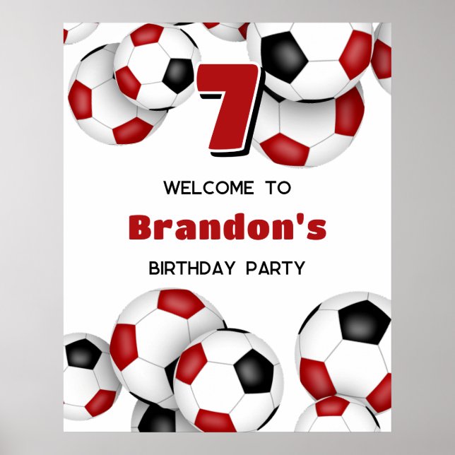 red black soccer balls kids birthday party poster (Front)