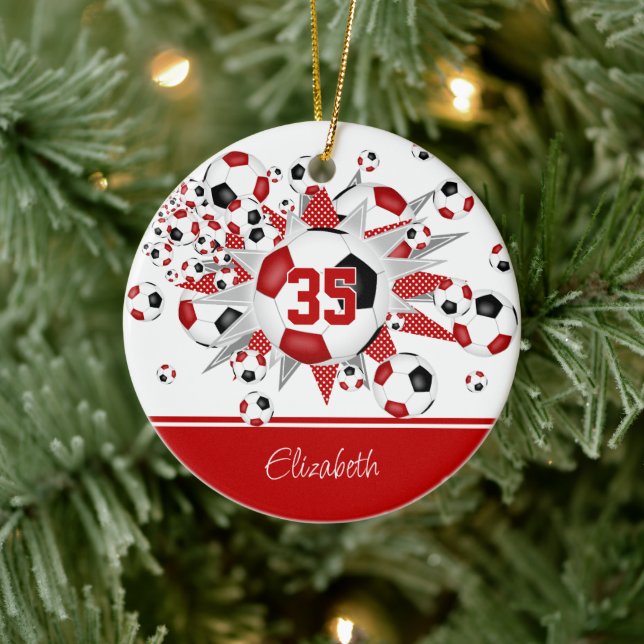Red black soccer balls stars keepsake  ceramic tree decoration (Tree)