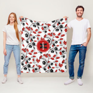red black soccer balls team colours monogrammed fleece blanket