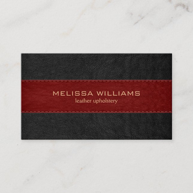 Red & Black Stitched Leather Texture Business Card (Front)