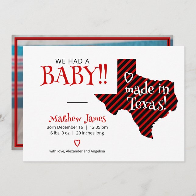 Red/Black Striped Made in Texas Photo Baby Announcement (Front/Back)