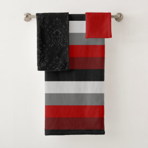 Red Black Stripes and Black Damask Bath Towel Set