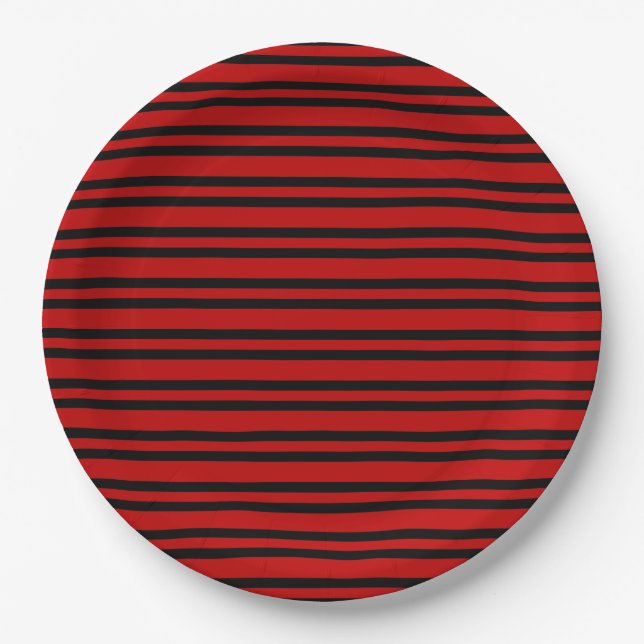 Red Black Stripes Pattern Paper Plate (Front)