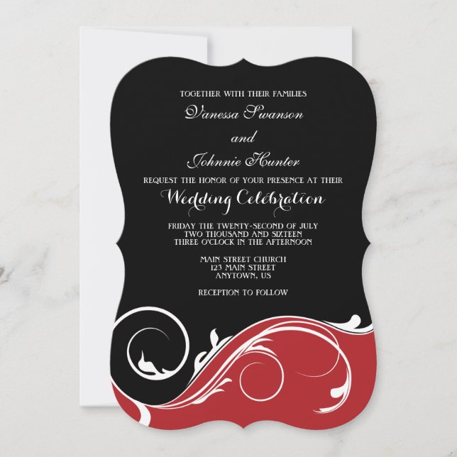 Red Black Swirl Bracket Wedding Invites (Front)