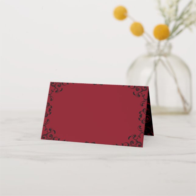 Red & Black Swirl Gothic Wedding Place Card (Front)