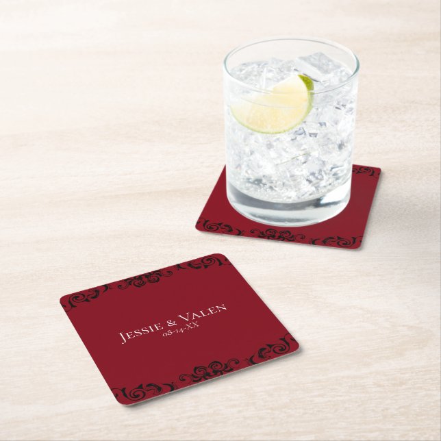 Red Black Swirl Gothic Wedding Square Paper Coaster (Insitu)