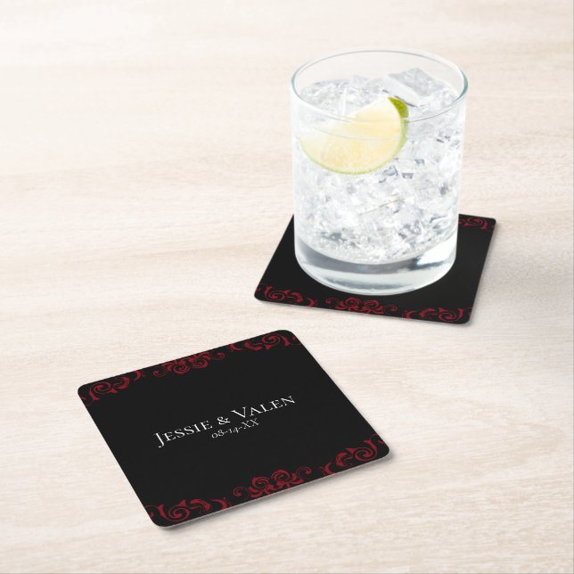 Red & Black Swirl Gothic Wedding Square Paper Coaster (Insitu)