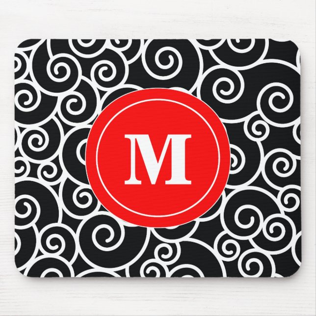Red Black Swirl Monogram Mouse Pad. Mouse Pad (Front)