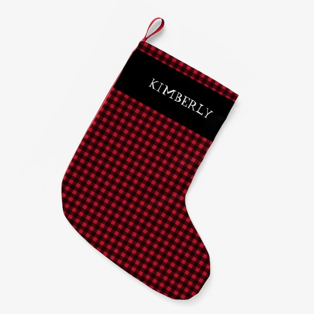 Red Black Tartan Buffalo Plaid Name Personalised Small Christmas Stocking (Front (Hanging))