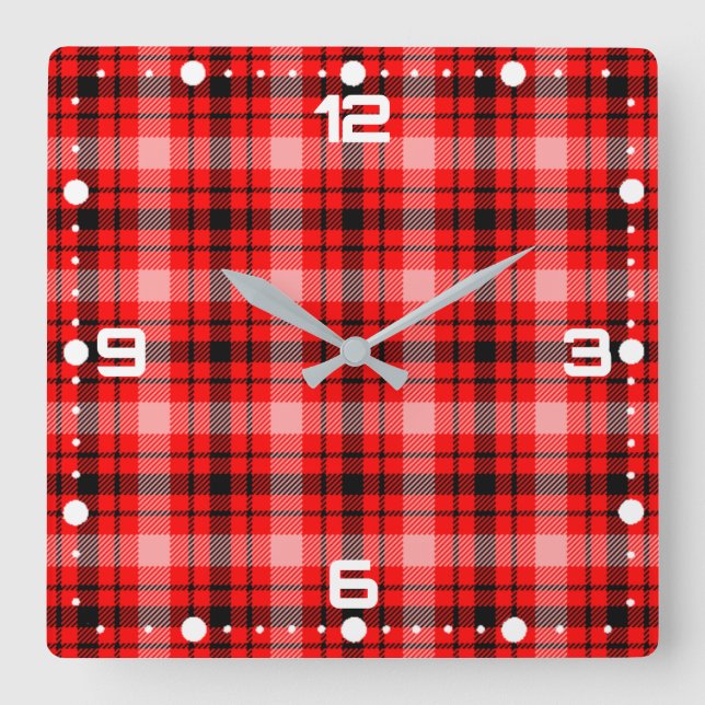 Red Black Tartan Chequered Plaid Pattern-24899 Square Wall Clock (Front)