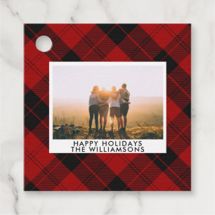 Red Black Tartan Custom Name Photo Message Favour Tags