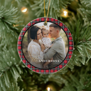 Red black tartan photo personalised christmas ceramic tree decoration