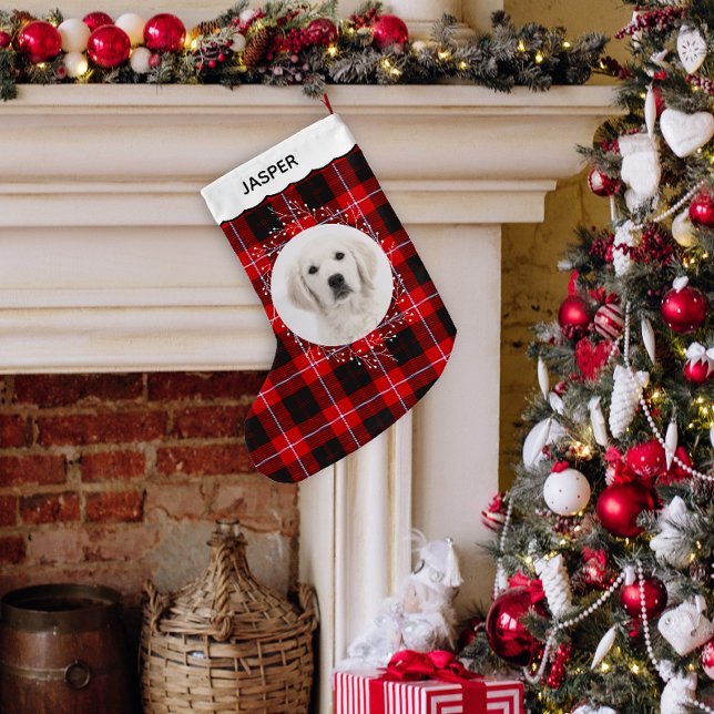 Red Black Tartan Plaid Winter Wreath Pet Dog Photo Small Christmas Stocking (Red, black and white tartan plaid photo stocking in situ.)