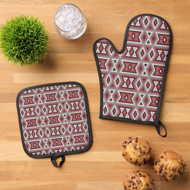 Red Black Taupe Beige Grey Tribal Art Pattern Oven Mitt & Pot Holder Set (Top Down)
