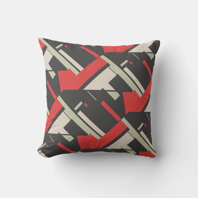 Red Black Taupe Beige Tiled Diagonal Abstract Art Cushion (Front)