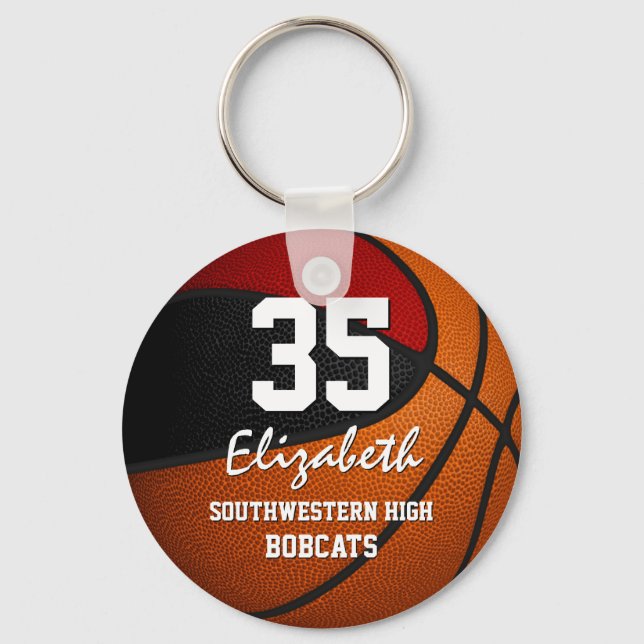 Red black team colours girls boys basketball key ring (Front)
