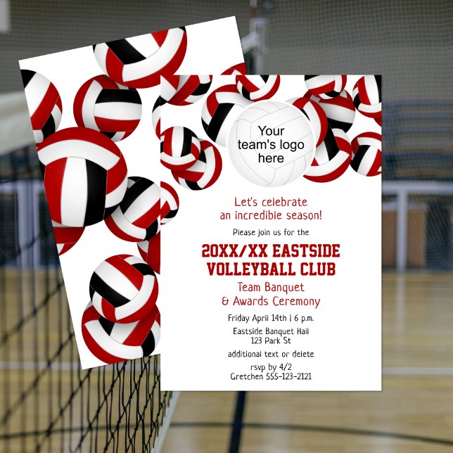 red black team colours volleyball season banquet invitation (Volleyball team party invitation, front & back views)