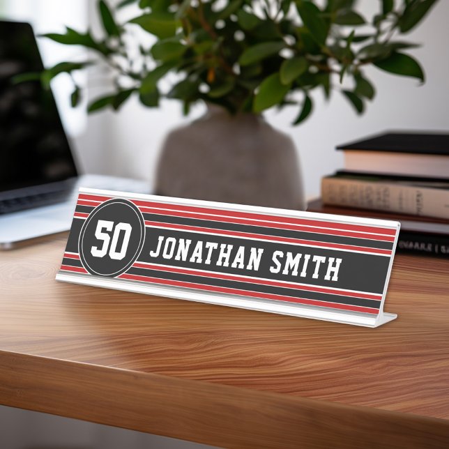 Red Black Team Jersey Fan Gear Name Number Desk Name Plate (Personalized Sports Theme Desk Name Plate - Great Coach Appreciation Gift or Locker room Decor)