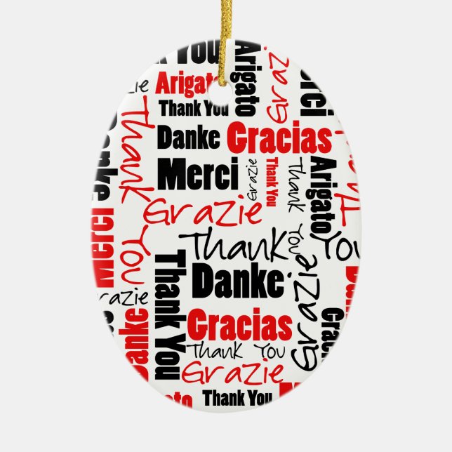 Red Black Thank You Word Cloud Ceramic Tree Decoration (Front)