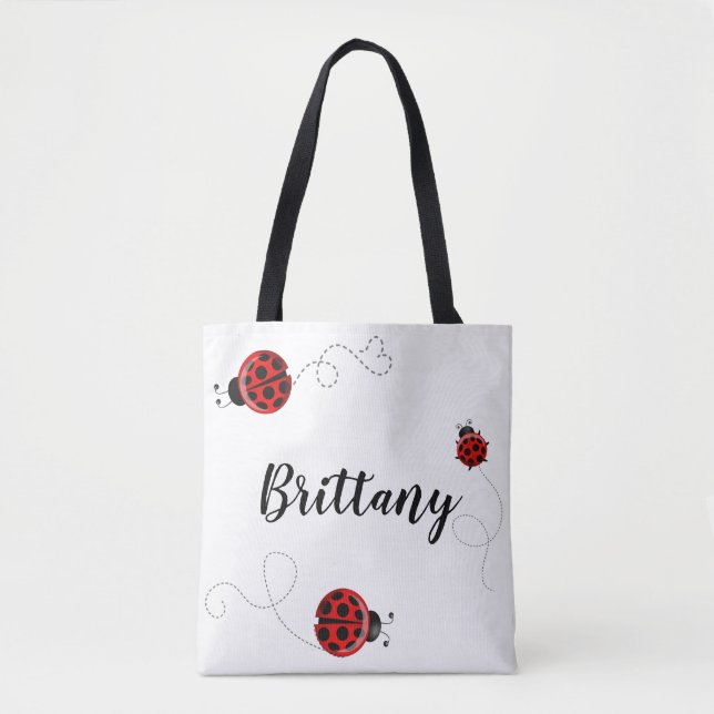 Red Black Three Ladybug Polka Dot Bug Beetles Name Tote Bag (Front)
