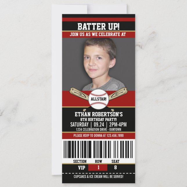 Red|Black Ticket Style Baseball Birthday Party Invitation (Front)