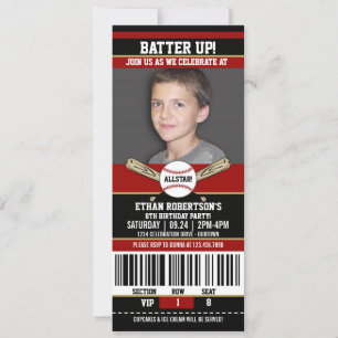 Red Black Ticket Style Baseball Birthday Party Invitation