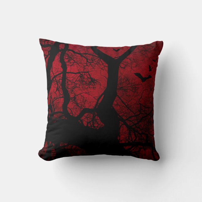 Red & Black Tree and Bats Silhouettes Cushion (Front)