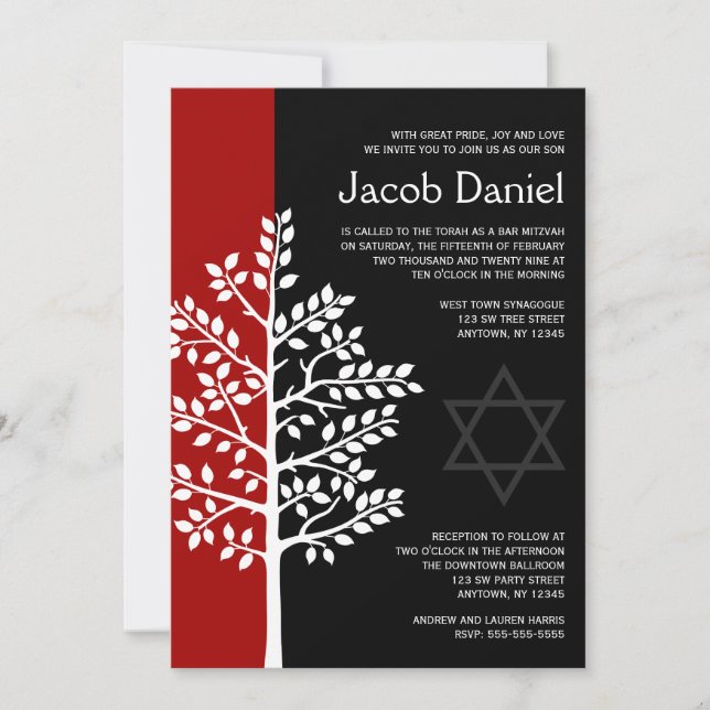 Red Black Tree of Life Bar Mitzvah Invitations (Front)