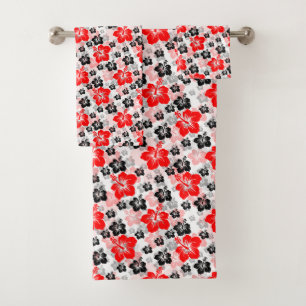 Red Black Tropical Hibiscus Floral Print  Bath Towel Set