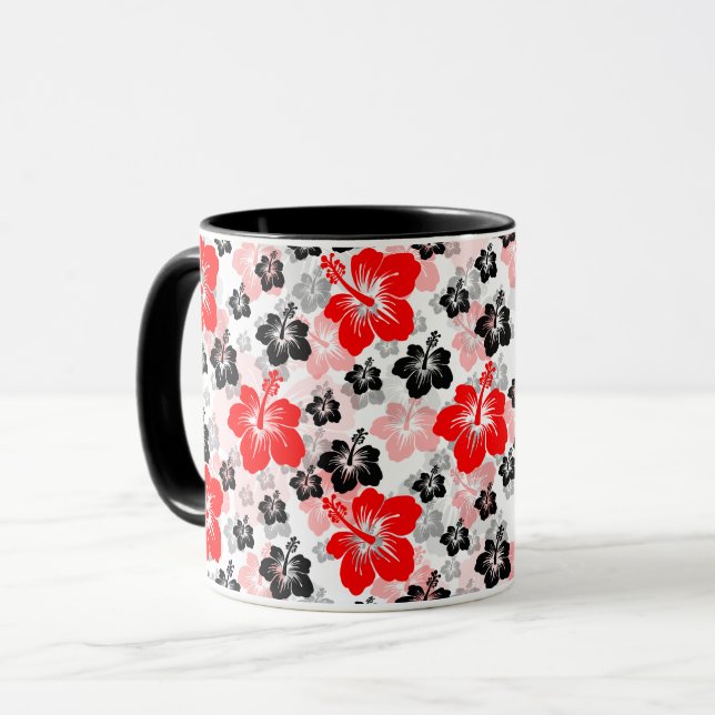 Red Black Tropical Hibiscus Floral Print  Mug (Front Left)
