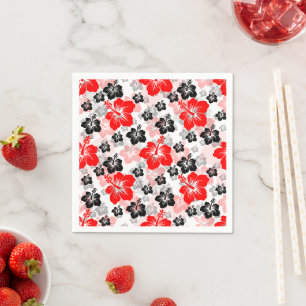 Red Black Tropical Hibiscus Floral Print  Napkin