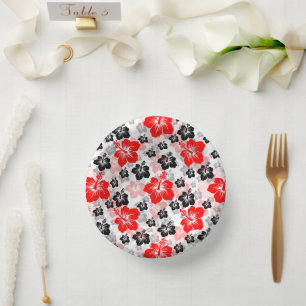 Red Black Tropical Hibiscus Floral Print  Paper Plate