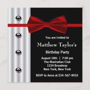 Red Black Tuxedo Bow Tie Mens Birthday Party Invitation