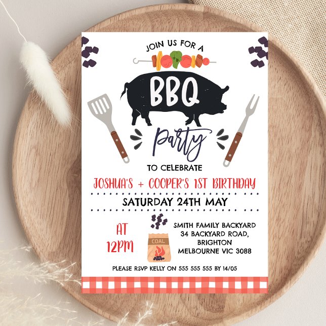 Red Black Twins Pig Roast Kebab BBQ Birthday Invitation (Red Black Twins Pig Roast Kebab BBQ Birthday Invitation Backyard BBQ Twins Birthday Invitation
)