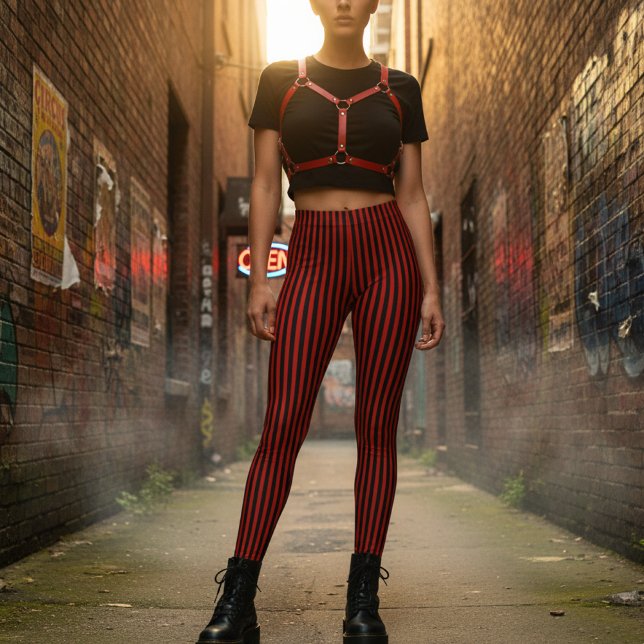 Red & Black Vertical Striped Leggings (Creator Uploaded)