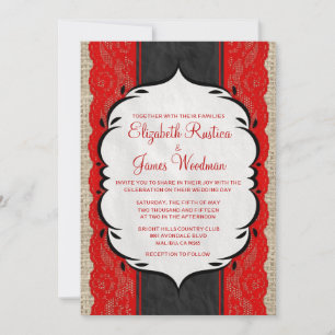 Red & Black Vintage Linen Lace Wedding Invitations