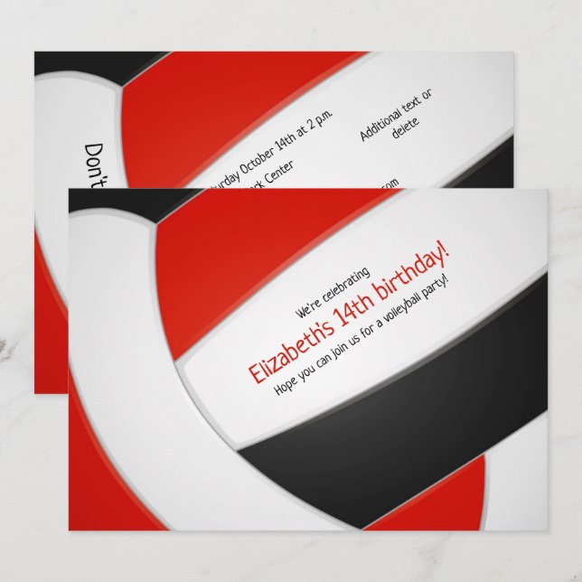 red black volleyball girls boys birthday party invitation (Front/Back)