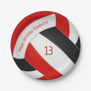 red black volleyball girls boys sports birthday paper plate