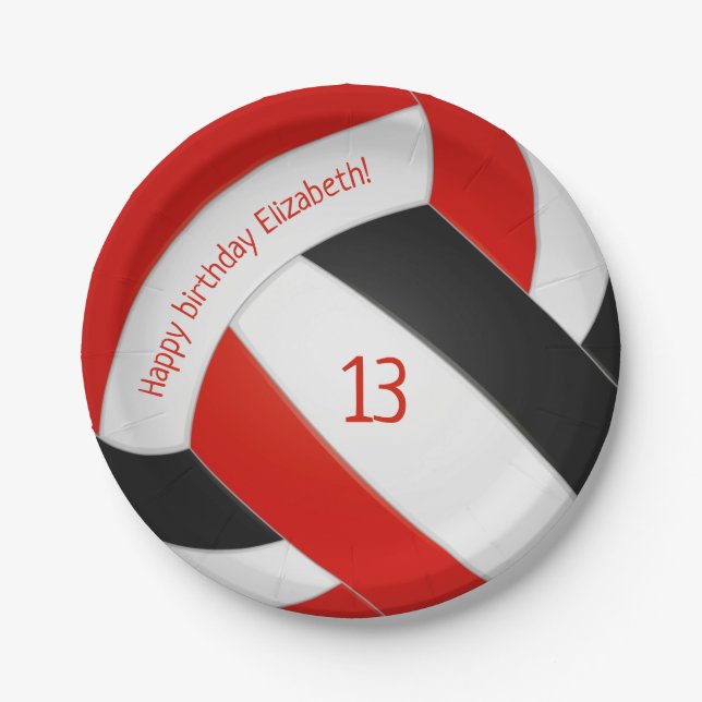 red black volleyball girls boys sports birthday paper plate (Front)