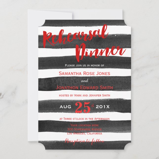 Red Black Watercolor Stripes Rehearsal Dinner Invitation (Front)