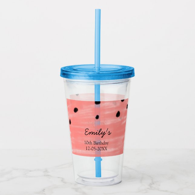 Red black watermelon birthday add name date text c acrylic tumbler (Front)