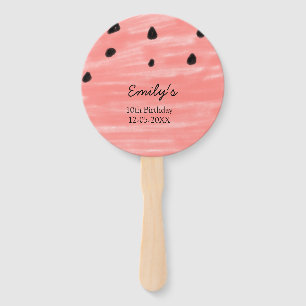 Red black watermelon birthday add name date text c hand fan